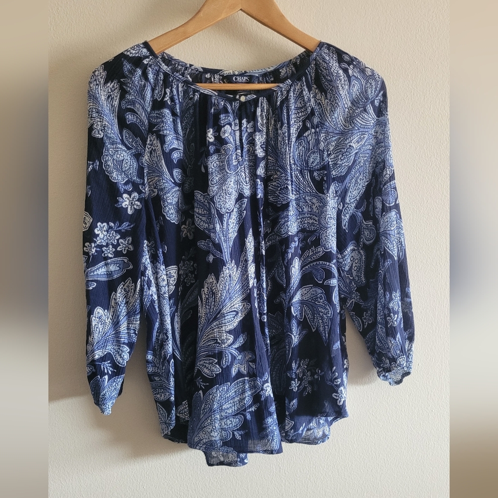 Chaps guazey semi sheer paisley blousey top Women's petite XL blue